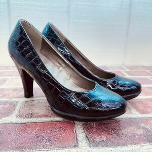 Women's Size 7 Black Faux Croc Skin 3.5" High Heel Slight Platform Classic Pumps